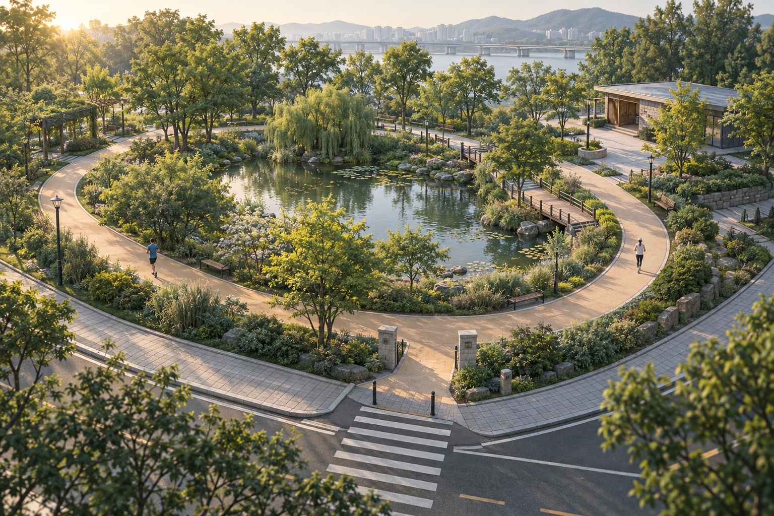 공원 순환 보행로와 출입구·횡단 구간을 내려다본 설명용 이미지